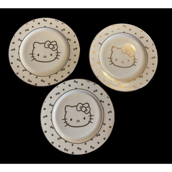 Hello Kitty 8” Gold And White Ceramic Plate Set of 3 NEW - Picture 1 of 4